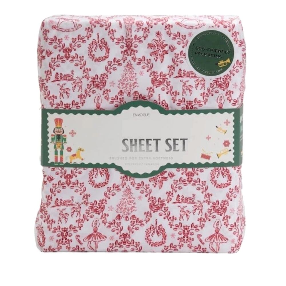 Envogue FULL 4pc Sheet Set Nutcracker Toile Christmas Bedding Red & White New